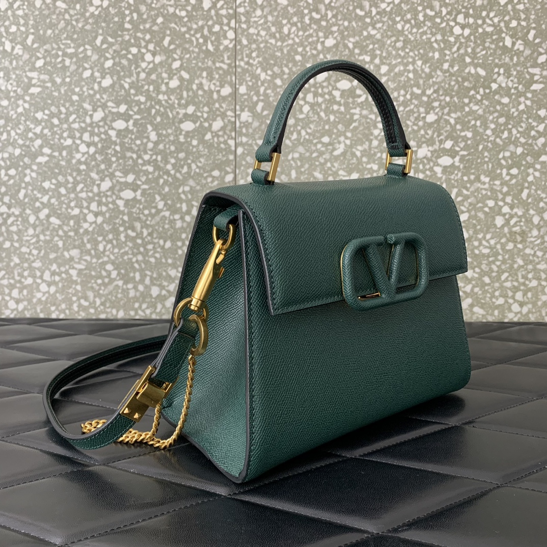 Valentino Garavani Vsling Small Handbag in Dark Green Grainy Calfskin 